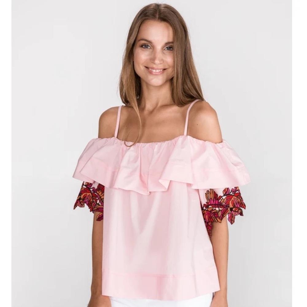 New Pinko Pink Flutter Sleeve Ruffled Blouse